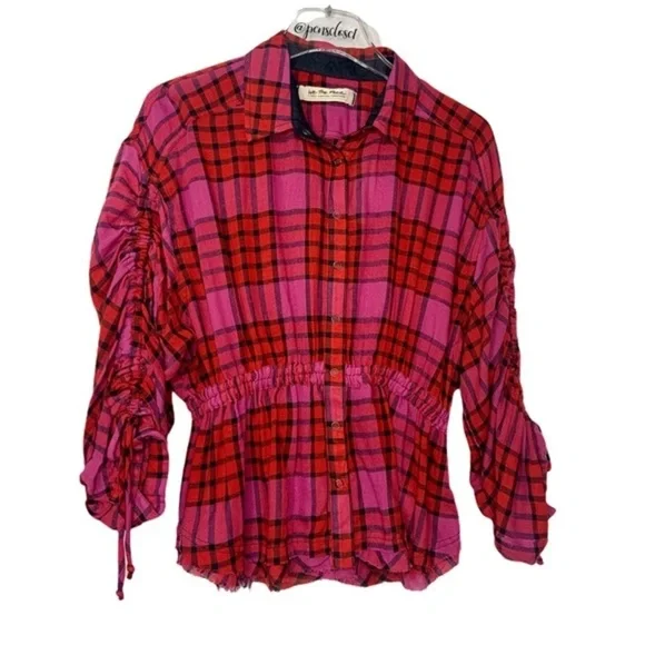 New We The Free People Red Plaid Combo Boho Gathered Peplum Top NWT - Picture 5 of 16
